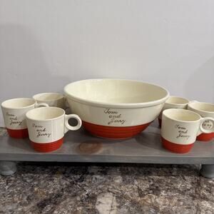 VTG Tom & Jerry Ivory Gold Lettering Punch Bowl Set Universal Pottery Cambridge